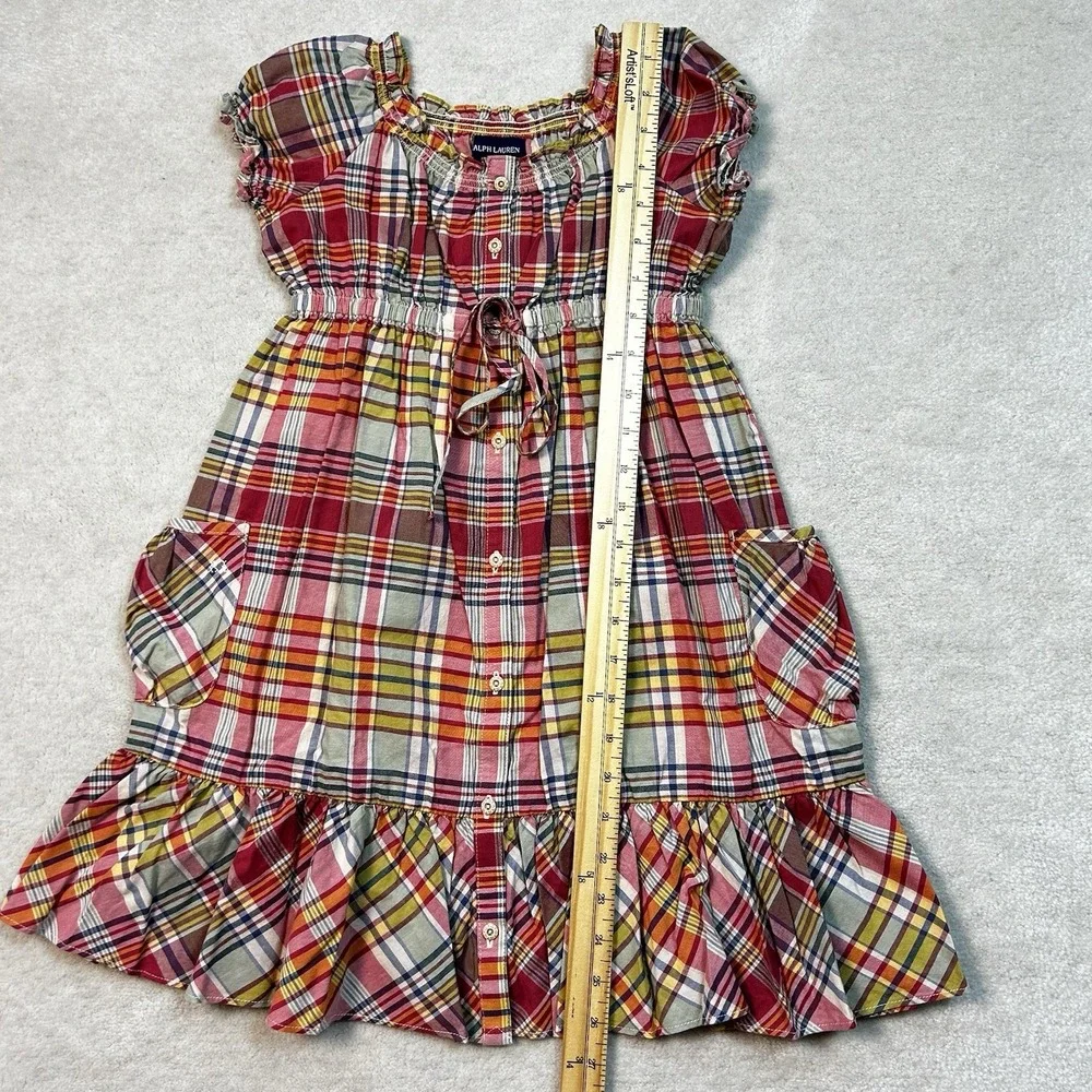 Ralph Lauren Dress Girls 6 Plaid Peasant Sun Summer Ruffles Sleeveless